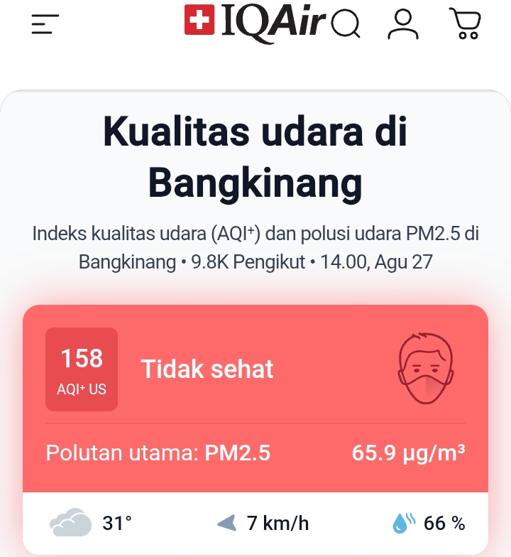 Kualitas Udara Bangkinang Masuk Kategori Tidak Sehat, AQI Capai 158